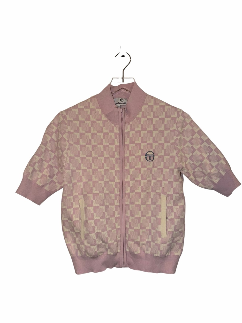 Sergio Tacchini Pink and Cream Checker Knit Zip Cardigan and Shorts set
